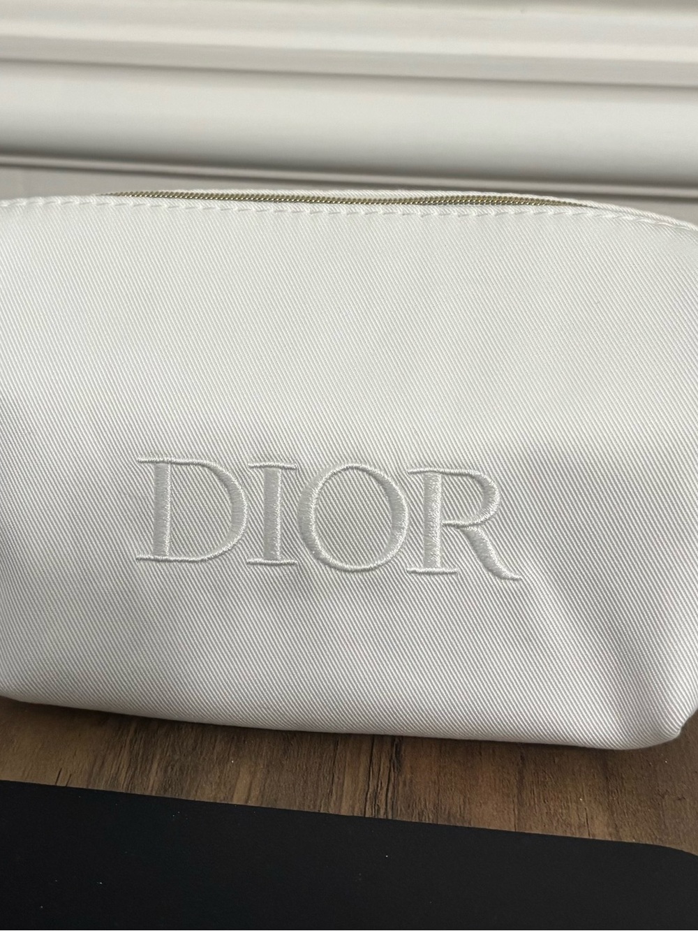 New Dior Beauty White Zip Cosmetic Pouch with Gold Trim